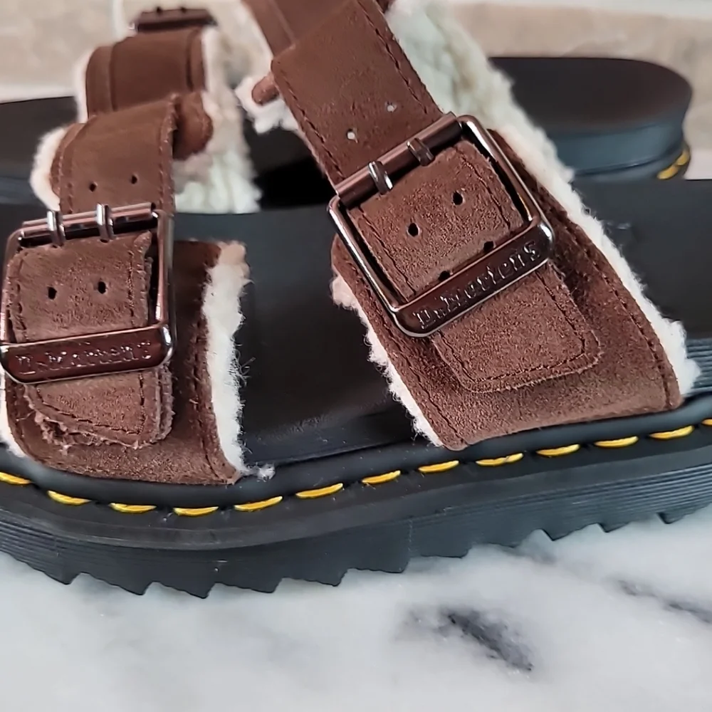 Dr. Martens Myles Fur Lined Buckle Slide Sandals Dark Brown Suede Men’s 9
